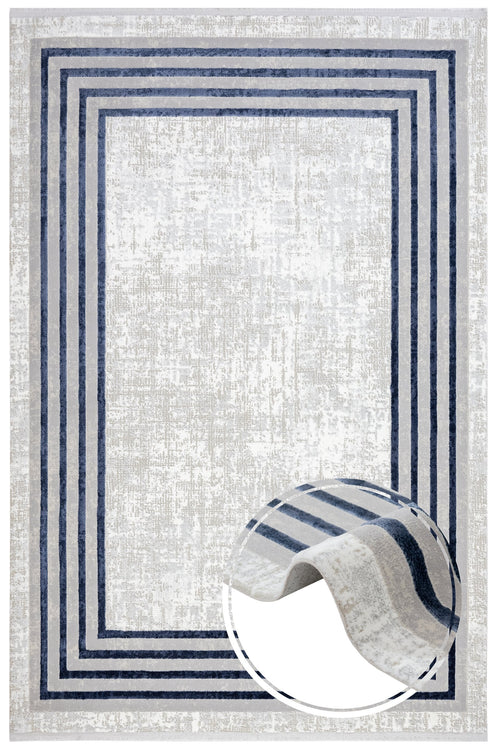 Blue Geometric Area Rug - Micropolyester Machine Made Rug with Fringed Edges