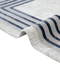 Blue Geometric Area Rug - Micropolyester Machine Made Rug with Fringed Edges
