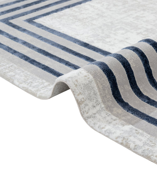 Blue Geometric Area Rug - Micropolyester Machine Made Rug with Fringed Edges