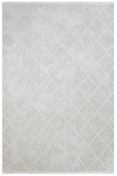 Cream Geometric Area Rug – Micropolyester Machine Made Rug with Fringed Edges