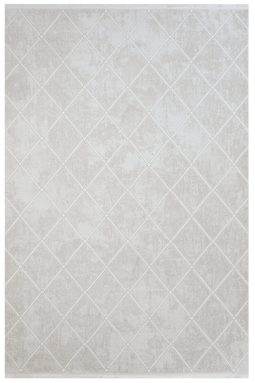 Cream Geometric Area Rug – Micropolyester Machine Made Rug with Fringed Edges