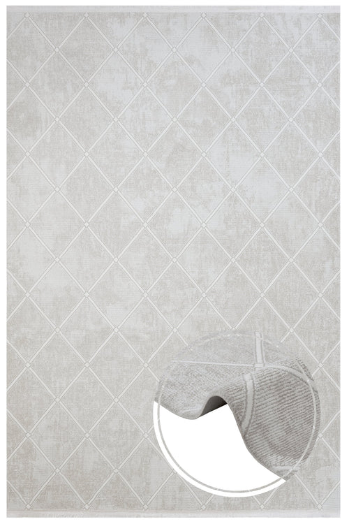 Cream Geometric Area Rug – Micropolyester Machine Made Rug with Fringed Edges