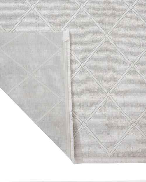 Cream Geometric Area Rug – Micropolyester Machine Made Rug with Fringed Edges