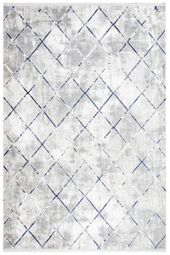 Blue Geometric Area Rug – Machine Made Micropolyester Carpet with Fringed Edges