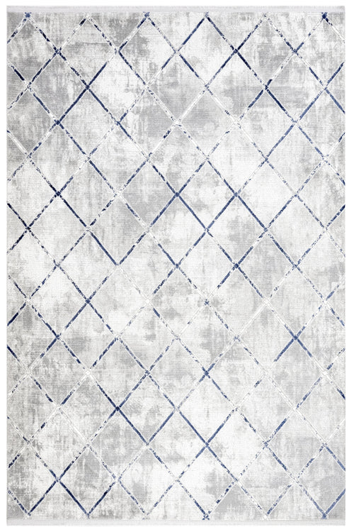 Blue Geometric Area Rug – Machine Made Micropolyester Carpet with Fringed Edges