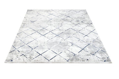 Blue Geometric Area Rug – Machine Made Micropolyester Carpet with Fringed Edges