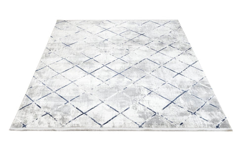 Blue Geometric Area Rug – Machine Made Micropolyester Carpet with Fringed Edges