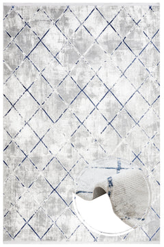 Blue Geometric Area Rug – Machine Made Micropolyester Carpet with Fringed Edges