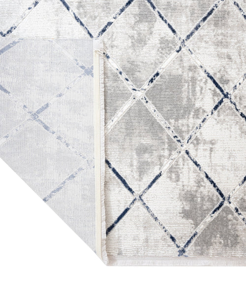 Blue Geometric Area Rug – Machine Made Micropolyester Carpet with Fringed Edges