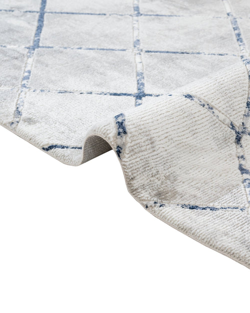 Blue Geometric Area Rug – Machine Made Micropolyester Carpet with Fringed Edges