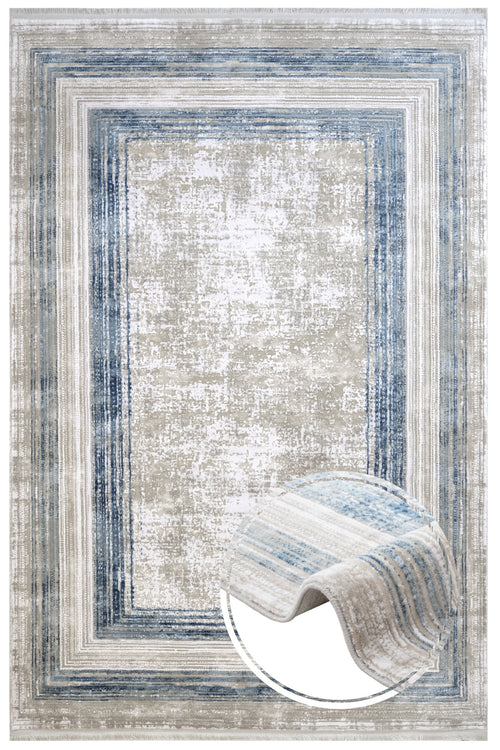 Blue Area Rug - Machine Made Acrylic Rug With Fringed Edge Carpet For Living Room