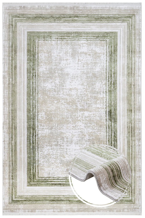 Green Area Rug – Machine Made Rug with Fringed Edge Carpet for Living Room