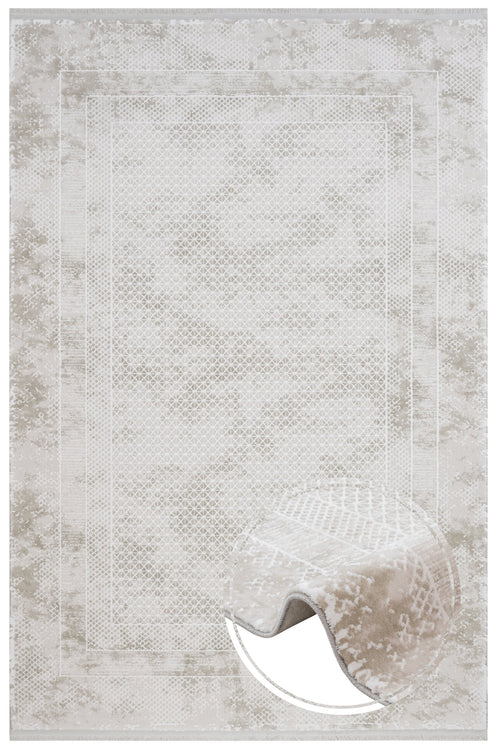 Cream Area Rug - Machine Made Rug with Fringed Edge Carpet for Living Room