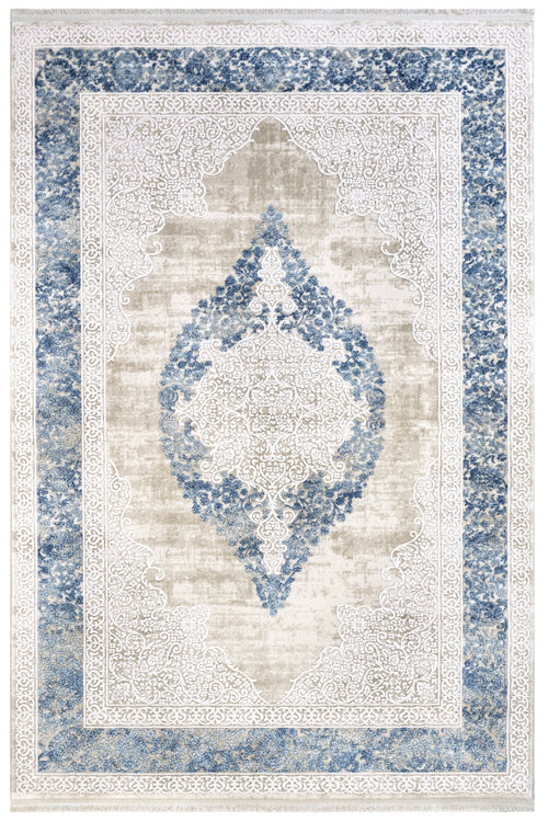 Classic Area Rug – Machine Made Blue Acrylic Rug with Fringed Edges