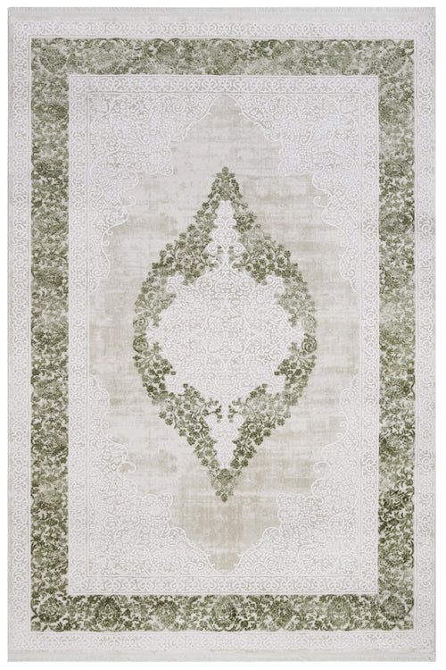 Machine Made Area Rug – Classic Green Acrylic Fringed Edge Carpet for Living Room