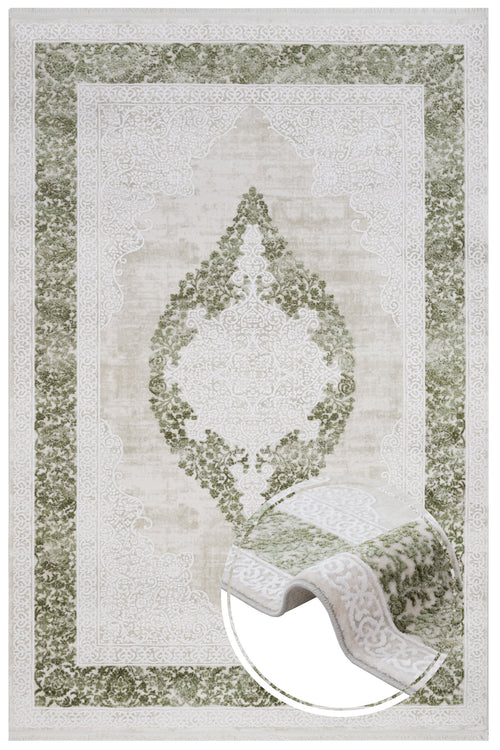 Machine Made Area Rug – Classic Green Acrylic Fringed Edge Carpet for Living Room