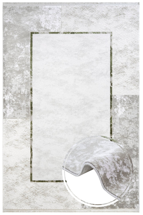 Green Area Rug - Machine Made Acrylic Frame Style Carpet with Fringed Edges