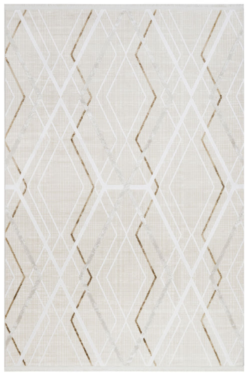 Geometric Area Rug - Machine Made Acrylic Carpet With Fringed Edges