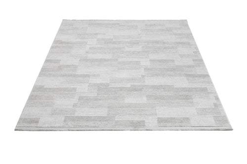 Grey Geometric Area Rug – Machine Made Rug with Fringed Edge for Living Room