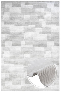 Grey Geometric Area Rug – Machine Made Rug with Fringed Edge for Living Room