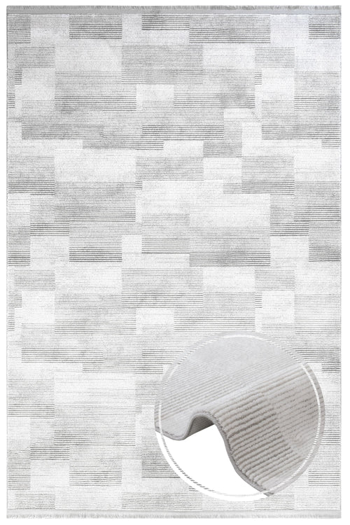 Grey Geometric Area Rug – Machine Made Rug with Fringed Edge for Living Room