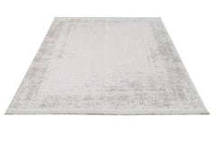 Modern Area Rug – Machine Made Cream Acrylic Carpet With Fringed Edges