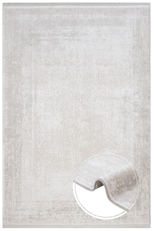 Modern Area Rug – Machine Made Cream Acrylic Carpet With Fringed Edges