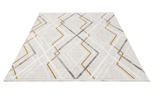 Gold Geometric Area Rug - Machine Made Rug with Fringed Edge for Stylish Home Decor