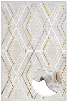 Gold Geometric Area Rug - Machine Made Rug with Fringed Edge for Stylish Home Decor