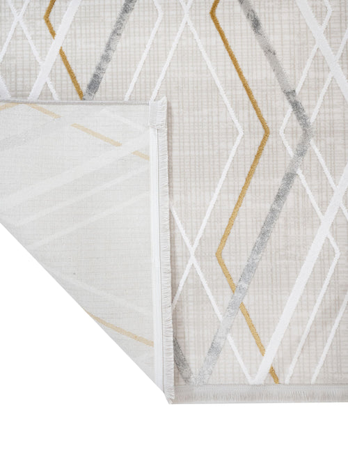 Gold Geometric Area Rug - Machine Made Rug with Fringed Edge for Stylish Home Decor