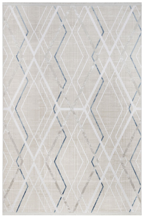 Blue Geometric Area Rug – Machine Made Carpet With Fringed Edges For Modern Living Room