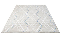 Blue Geometric Area Rug – Machine Made Carpet With Fringed Edges For Modern Living Room