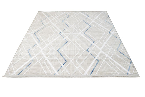 Blue Geometric Area Rug – Machine Made Carpet With Fringed Edges For Modern Living Room