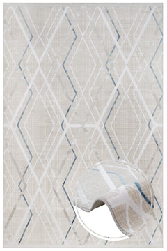 Blue Geometric Area Rug – Machine Made Carpet With Fringed Edges For Modern Living Room