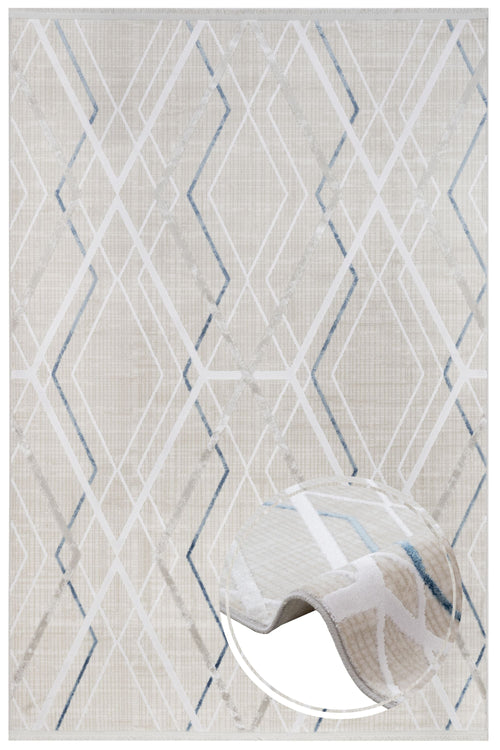 Blue Geometric Area Rug – Machine Made Carpet With Fringed Edges For Modern Living Room