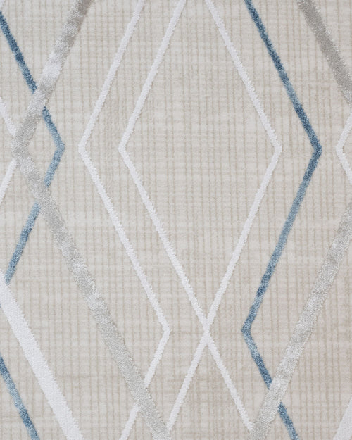 Blue Geometric Area Rug – Machine Made Carpet With Fringed Edges For Modern Living Room