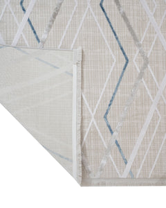 Blue Geometric Area Rug – Machine Made Carpet With Fringed Edges For Modern Living Room