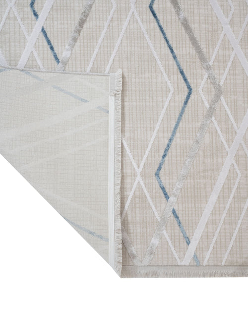 Blue Geometric Area Rug – Machine Made Carpet With Fringed Edges For Modern Living Room