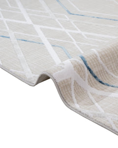 Blue Geometric Area Rug – Machine Made Carpet With Fringed Edges For Modern Living Room