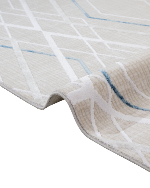 Blue Geometric Area Rug – Machine Made Carpet With Fringed Edges For Modern Living Room