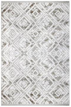 Geometric Area Rug - Machine Made Grey Acrylic Rug With Fringed Edges