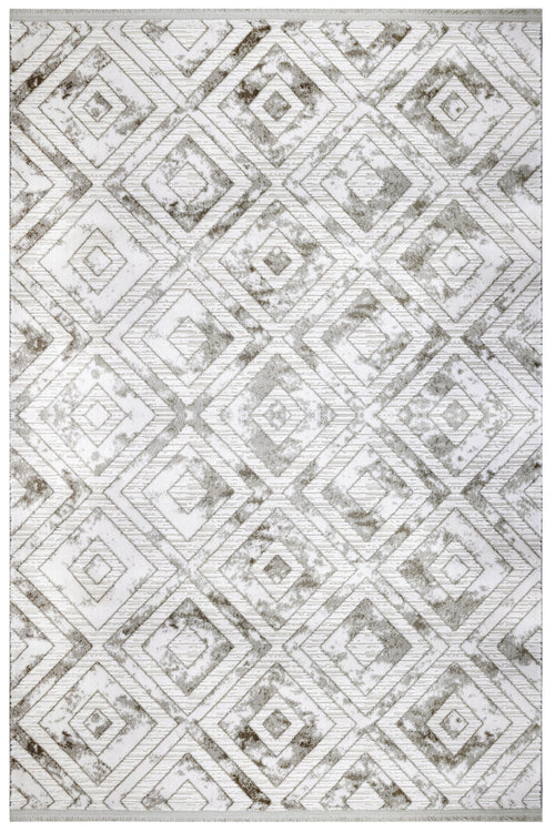Geometric Area Rug - Machine Made Grey Acrylic Rug With Fringed Edges