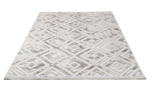 Geometric Area Rug - Machine Made Grey Acrylic Rug With Fringed Edges