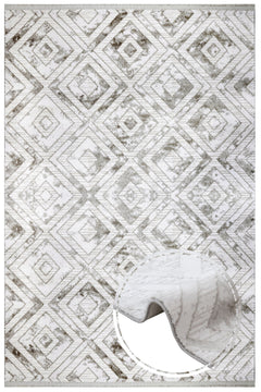 Geometric Area Rug - Machine Made Grey Acrylic Rug With Fringed Edges