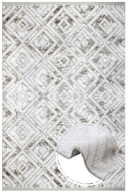 Geometric Area Rug - Machine Made Grey Acrylic Rug With Fringed Edges