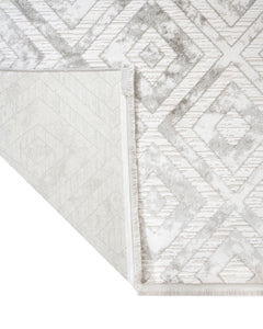 Geometric Area Rug - Machine Made Grey Acrylic Rug With Fringed Edges