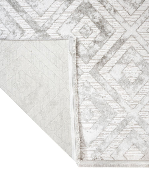 Geometric Area Rug - Machine Made Grey Acrylic Rug With Fringed Edges