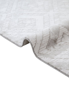 Geometric Area Rug - Machine Made Grey Acrylic Rug With Fringed Edges