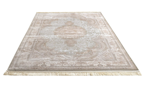 Classic Viscose Area Rug – Machine Made Cream Carpet With Fringed Edges