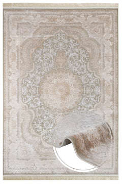 Classic Viscose Area Rug – Machine Made Cream Carpet With Fringed Edges